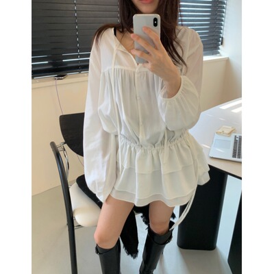 韩国抽绳收腰荷叶边衬衫连衣裙