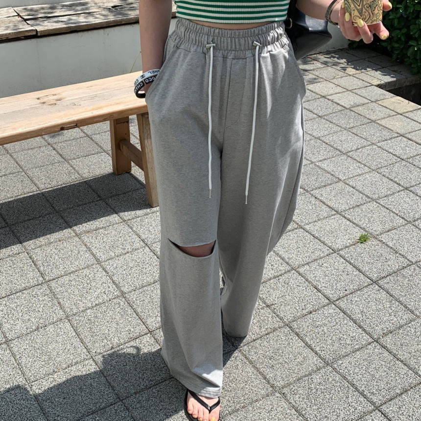 破洞休闲阔腿运动卫裤女韩国东大门设计感小众百搭高腰显瘦拖地裤