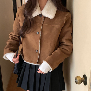 韩国东大门双面穿皮毛一体麂皮绒上衣女小个子加绒加厚羊羔毛外套