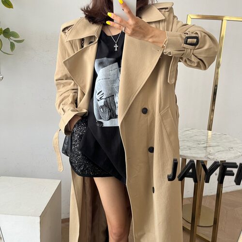 韩国英伦风中长款过膝风衣外套