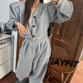 韩国东大门毛绒绒泡泡袖 休闲套装 V领卫衣短外套女 高腰束脚卫裤