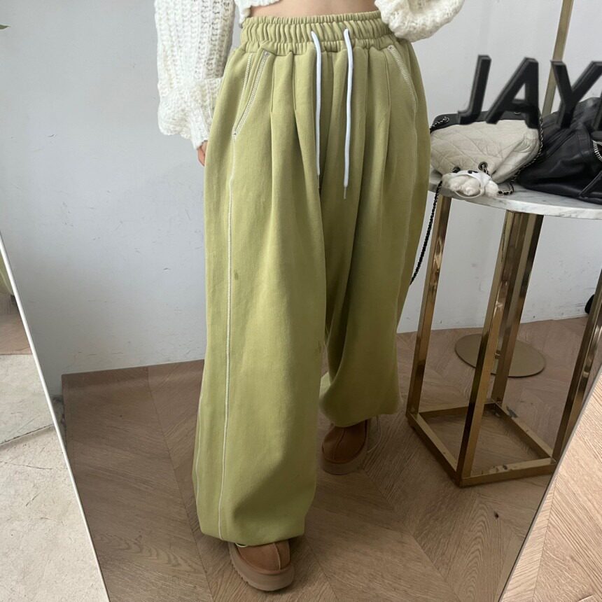 韩国东大门美式复古运动卫裤女宽松加绒加厚明线阔腿束脚休闲长裤