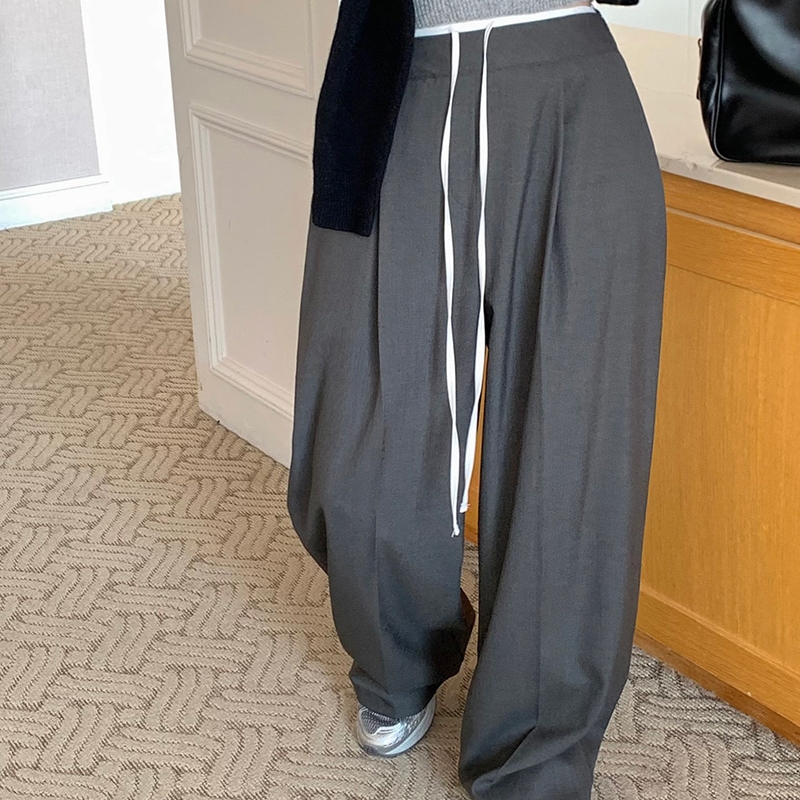 韩国松紧腰宽松撞色西装裤休闲