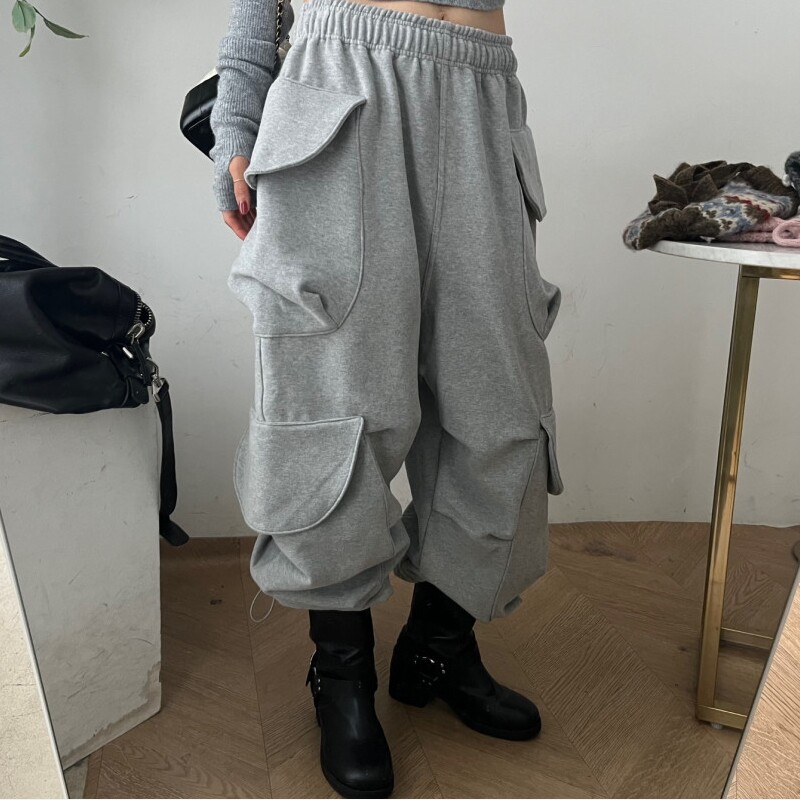 韩国东大门松紧腰宽松加绒百搭工装大口袋设计束脚休闲裤卫裤女