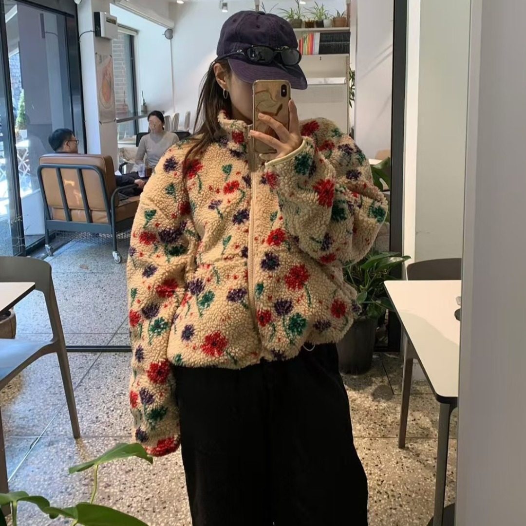 韩国甜美花朵羊羔毛夹棉保暖棉服