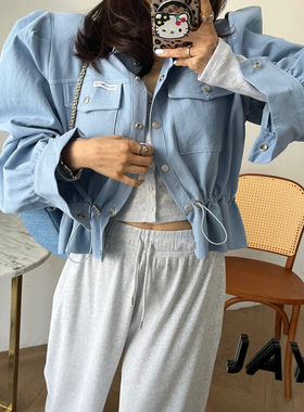 韩国泡泡袖宽松抽绳收腰短外套女