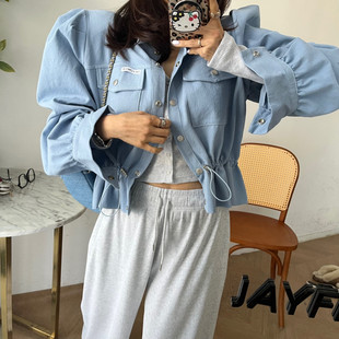 韩国东大门2025新款复古翻领泡泡袖宽松抽绳收腰口袋工装短外套女