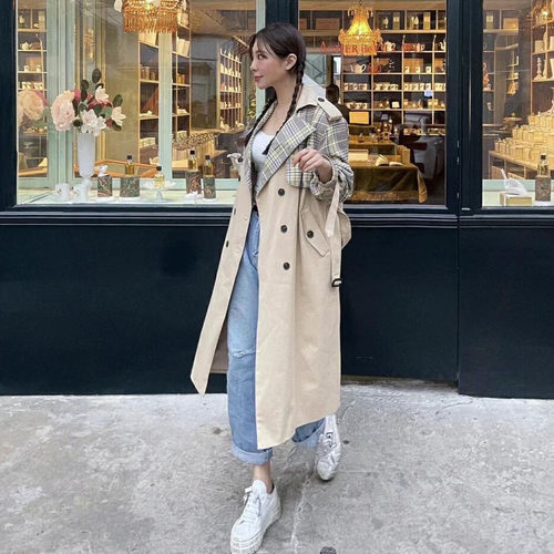 韩国格纹双排扣风衣外套中长款