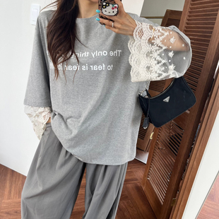 韩国东大门圆领宽松显瘦字母拼接蕾丝袖子假两件长袖T恤女打底衫