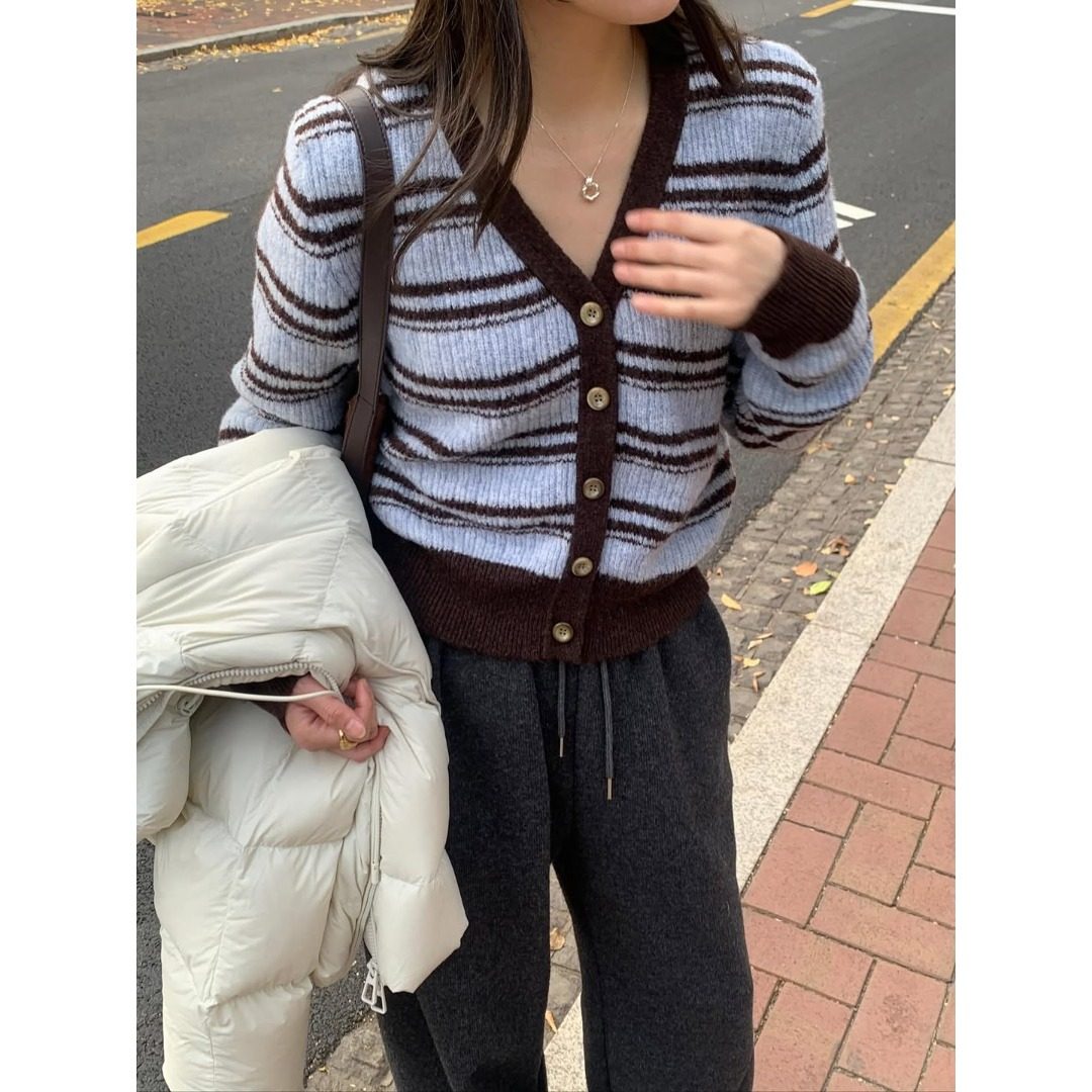 韩国东大门复古减龄百搭V领系扣撞色长袖修身条纹针织毛衣开衫女,女装/女士精品,毛衣,淘宝优惠券,粉丝福利购,淘宝优惠卷