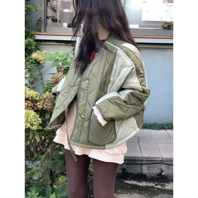 韩国复古撞色接菱格V领棉服外套