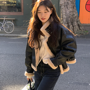 韩国东大门皮毛一体羊羔毛毛外套女加厚鹿皮绒机车服夹克保暖外套