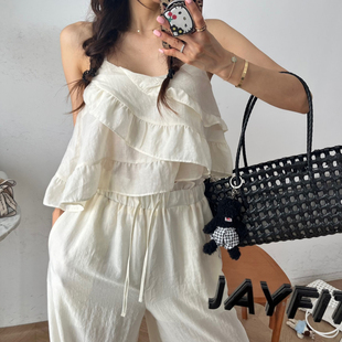 韩国东大门甜美荷叶边不规则吊带背心女小衫+宽松阔腿休闲裤套装