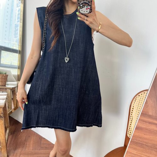 韩国东大门复古拼接毛边圆领无袖牛仔背心连衣裙女宽松A字短裙子