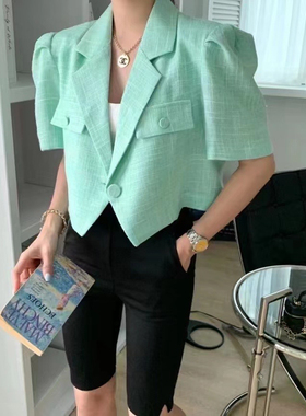 韩国东大门2025新款法式小香风甜美气质泡泡袖一粒扣短款外套女