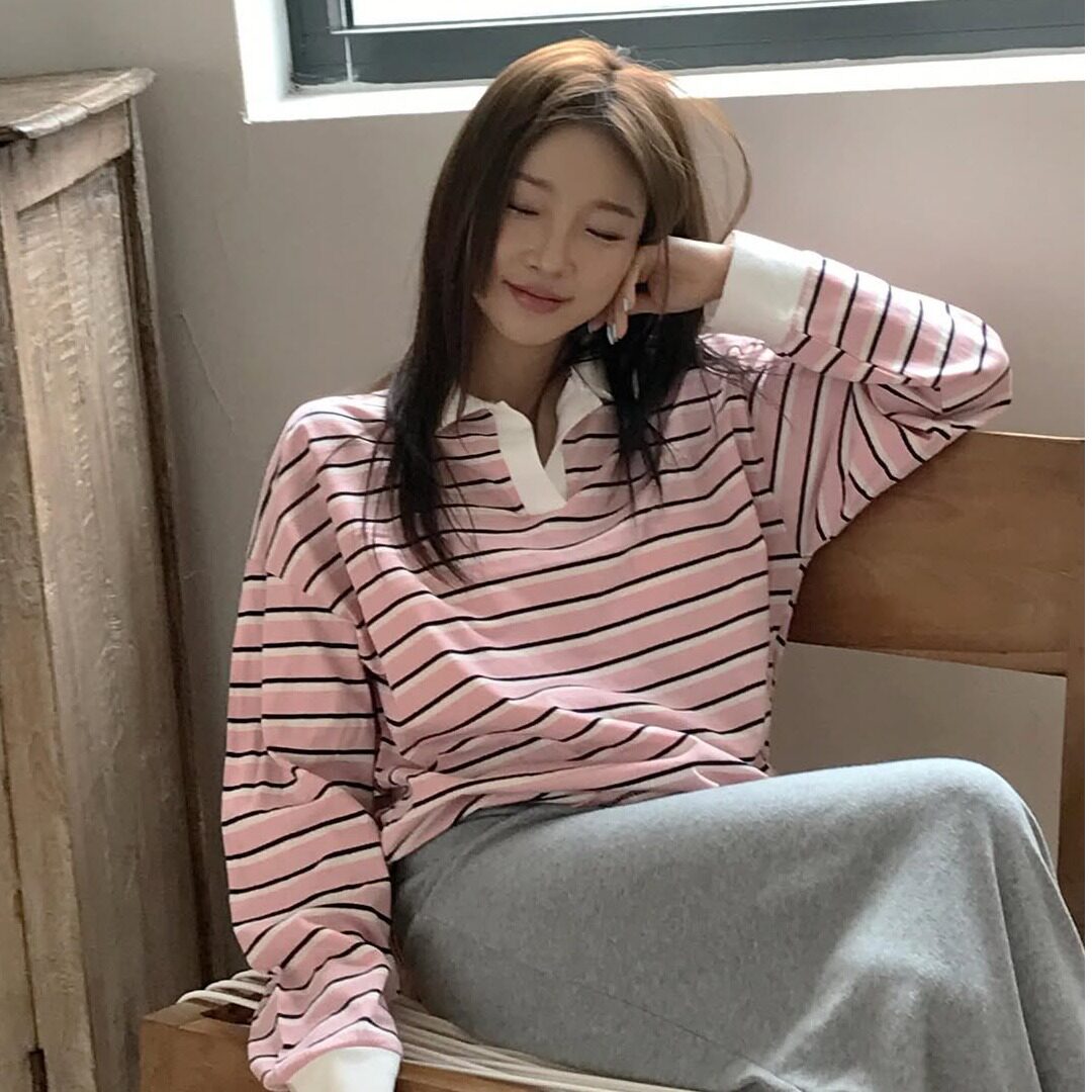 韩国Polo领撞色条纹T恤女