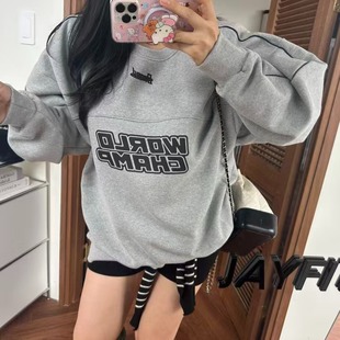 韩国东大门秋冬懒惰风圆领宽松显瘦字母印花休闲长袖套头卫衣女