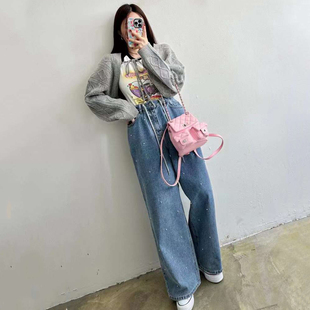 韩国东大门2025春装复古水洗蓝钉珠抽绳直筒宽松阔腿牛仔裤女长裤
