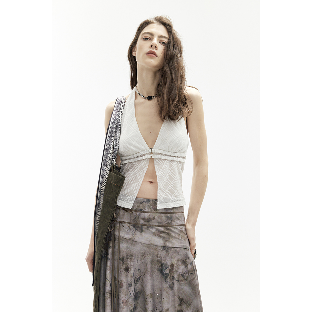 【九伍公园】格纹蕾丝弹力网纱显瘦娴熟挂脖开衫吊带背心