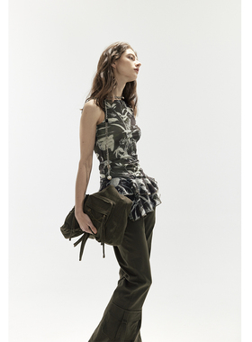 九伍公园  绿色植物印花网纱修身弹力两面穿搭背心花边无袖T恤