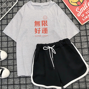 PS11532# 夏季新款休闲运动套装女学生宽松大码文字短袖T恤短裤两件套 服装批发女装直播货源