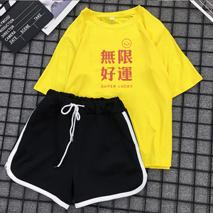 PS11532# 夏季新款休闲运动套装女学生宽松大码文字短袖T恤短裤两件套 服装批发女装直播货源