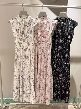 小V日系 SND家 甜美优雅印花小飞袖收腰百褶连衣裙SWFO241060