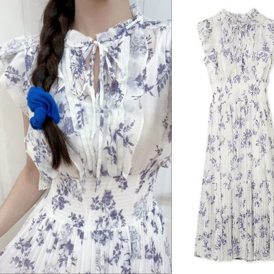 S家优雅荷叶边小飞袖印花连衣裙