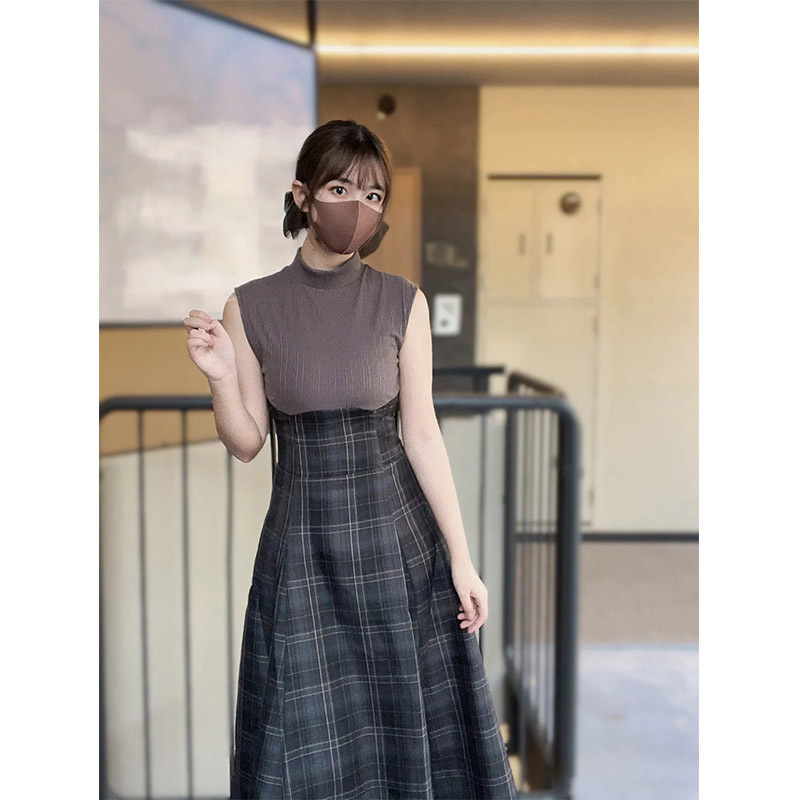 DAZZ家甜美格纹拼接无袖连衣裙