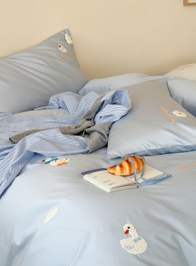 新款简约风全棉100S四件套蓝色小鸭刺绣床上用品纯棉柔软床单被套