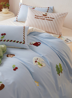 2025秋冬季新款南通全棉卡通刺绣纯棉加厚磨毛亲肤四件套蓝色床品