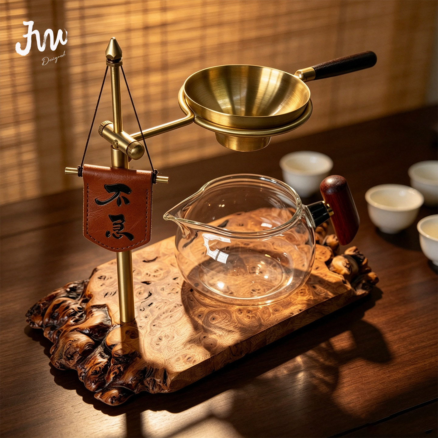 JW实木黄铜3D可调手冲茶漏架