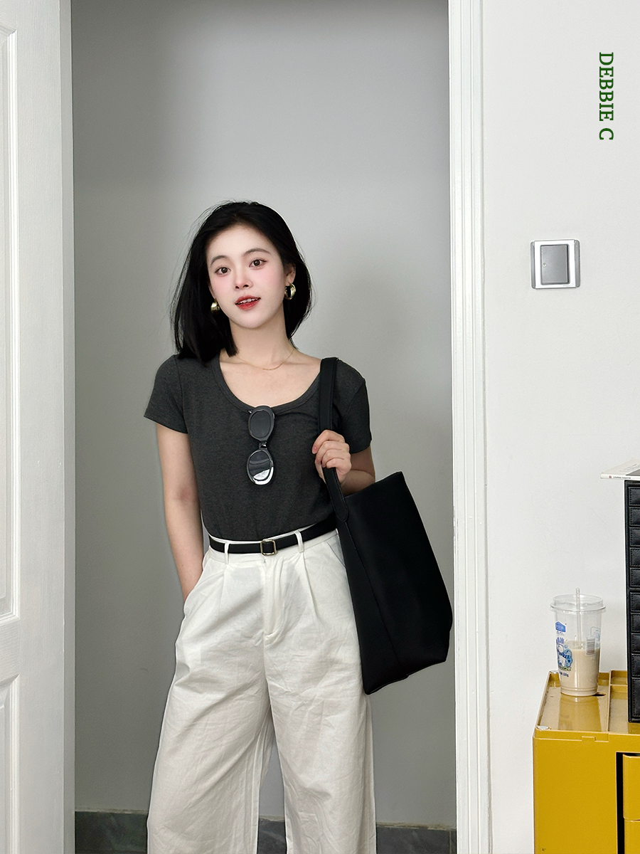 显瘦正肩U领女基础款短袖灰色T恤
