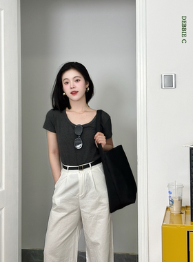 DEBBIE C ‘爆瘦T’ 经典基础款灰色U领显瘦打底衫正肩短袖T恤女