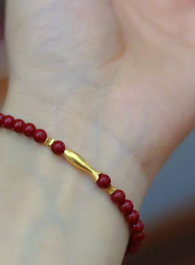 4m小珠子手链女天然高含量朱砂招财转运珠纯银金鱼锦鲤手串