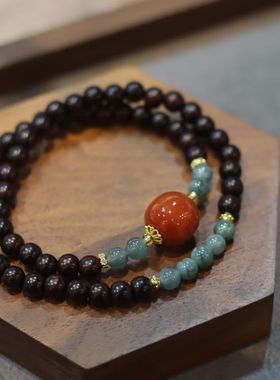 6mm小叶紫檀双圈手串天然蓝水翡翠情侣手串