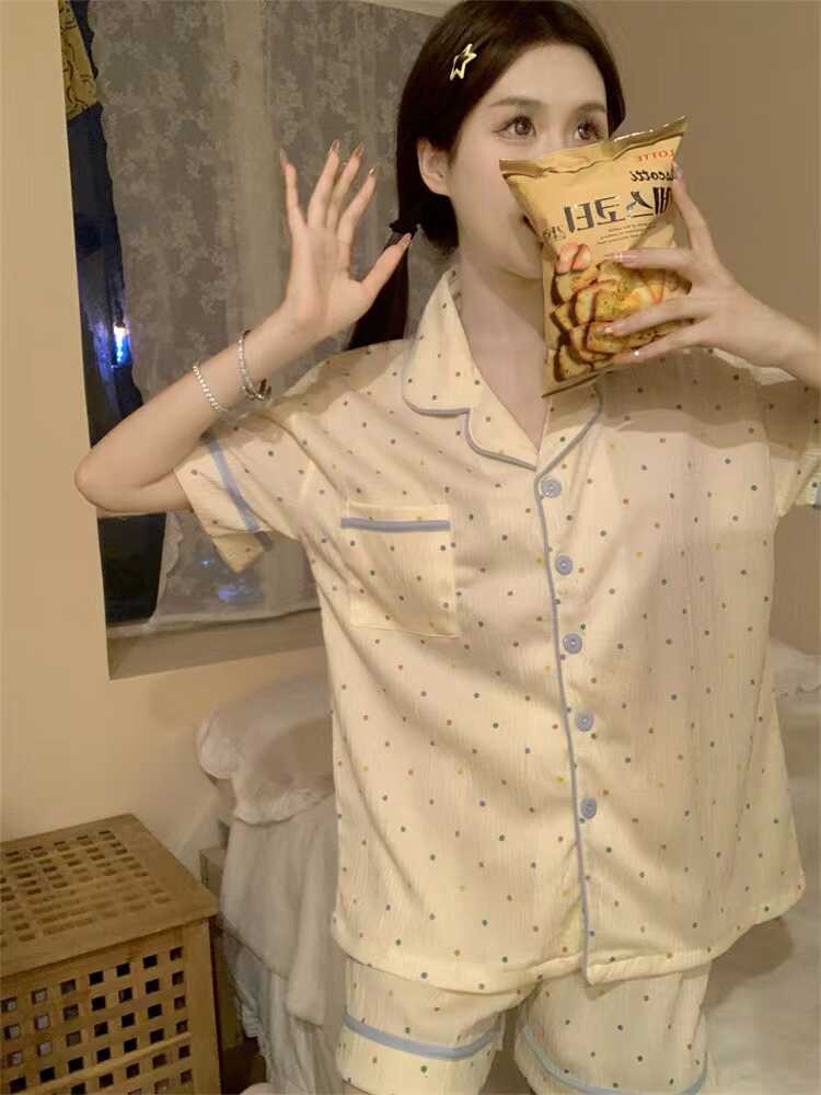 韩国ins睡衣女夏季新款少女学生薄款短袖短裤简约宽松家居服套装