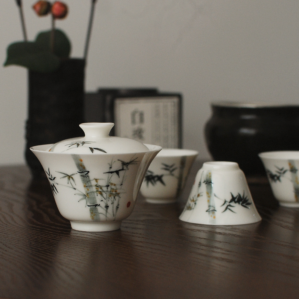 手绘墨彩品茗杯盖碗功夫茶具套装