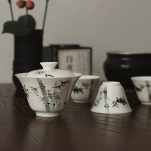 喜悦茶铺 手绘墨彩品茗杯盖碗工夫茶具套装新中式陶瓷茶具