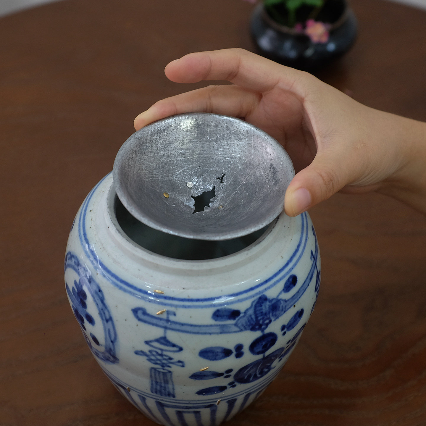 喜悦茶铺 晚清民国青花老罐改锡盖建水茶水废水盂茶台古玩摆件