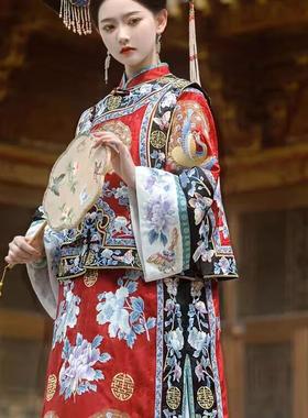 小燕子格格服装清汉女清朝满族旗装汉元素印花马甲旗袍连衣裙古装