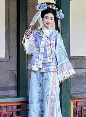 清朝宫廷风贵妃格格装重工印花马甲氅衣旗袍倒大袖宽松套装清汉女