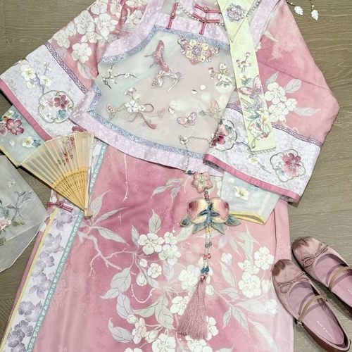 清汉女装清朝格格装重工刺绣马甲旗袍连衣裙清代旗装旗服套装夏季