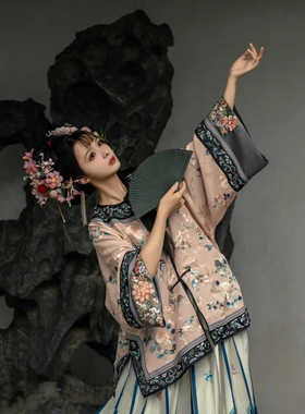 清代女装国风宫廷晚清朝古装汉服印花大袖氅衣上衣马面裙两件套装