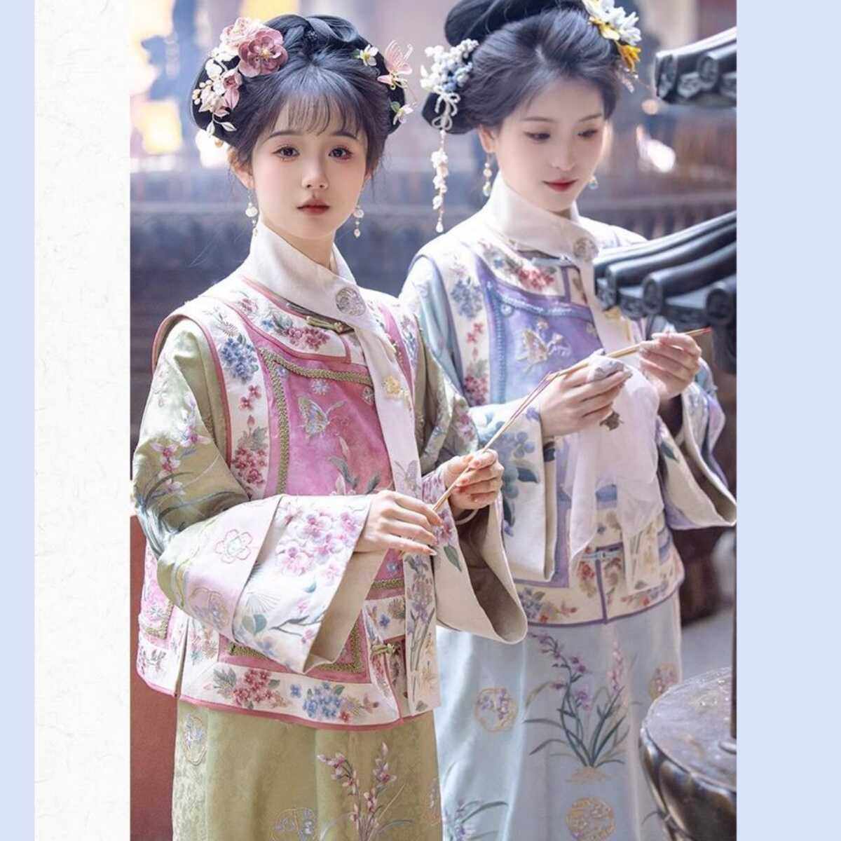 清汉女旗装清朝宫廷格格服重工复原感刺绣马甲氅衣旗服套装小宫装_虎窝淘