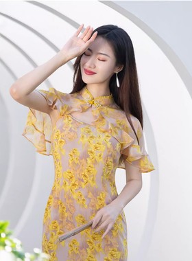 新中式国风改良旗袍女2023夏季新款披肩印花年轻款气质雪纺连衣裙