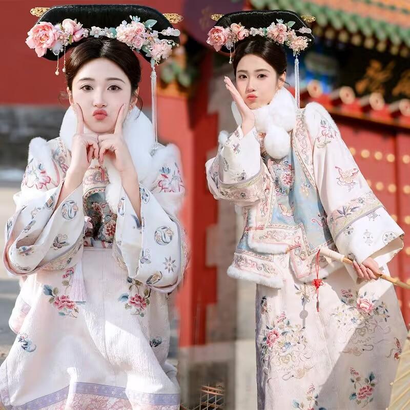 清朝格格装满族旗装宫廷风清汉女印花氅衣马甲旗袍连衣裙秋冬加厚