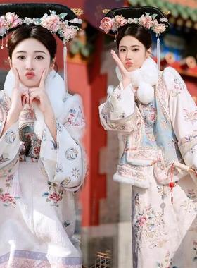 清朝格格装满族旗装宫廷风清汉女印花氅衣马甲旗袍连衣裙秋冬加厚