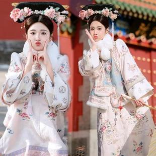 清朝格格装满族旗装宫廷风清汉女印花氅衣马甲旗袍连衣裙秋冬加厚