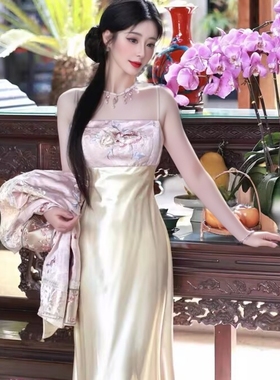新中式国风重工刺绣醋酸缎面吊带裙雪纺开衫外套超仙仙女连衣裙夏